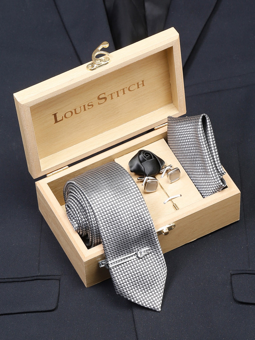 

LOUIS STITCH Men Checked Silk Necktie Accessory Gift Set, Black