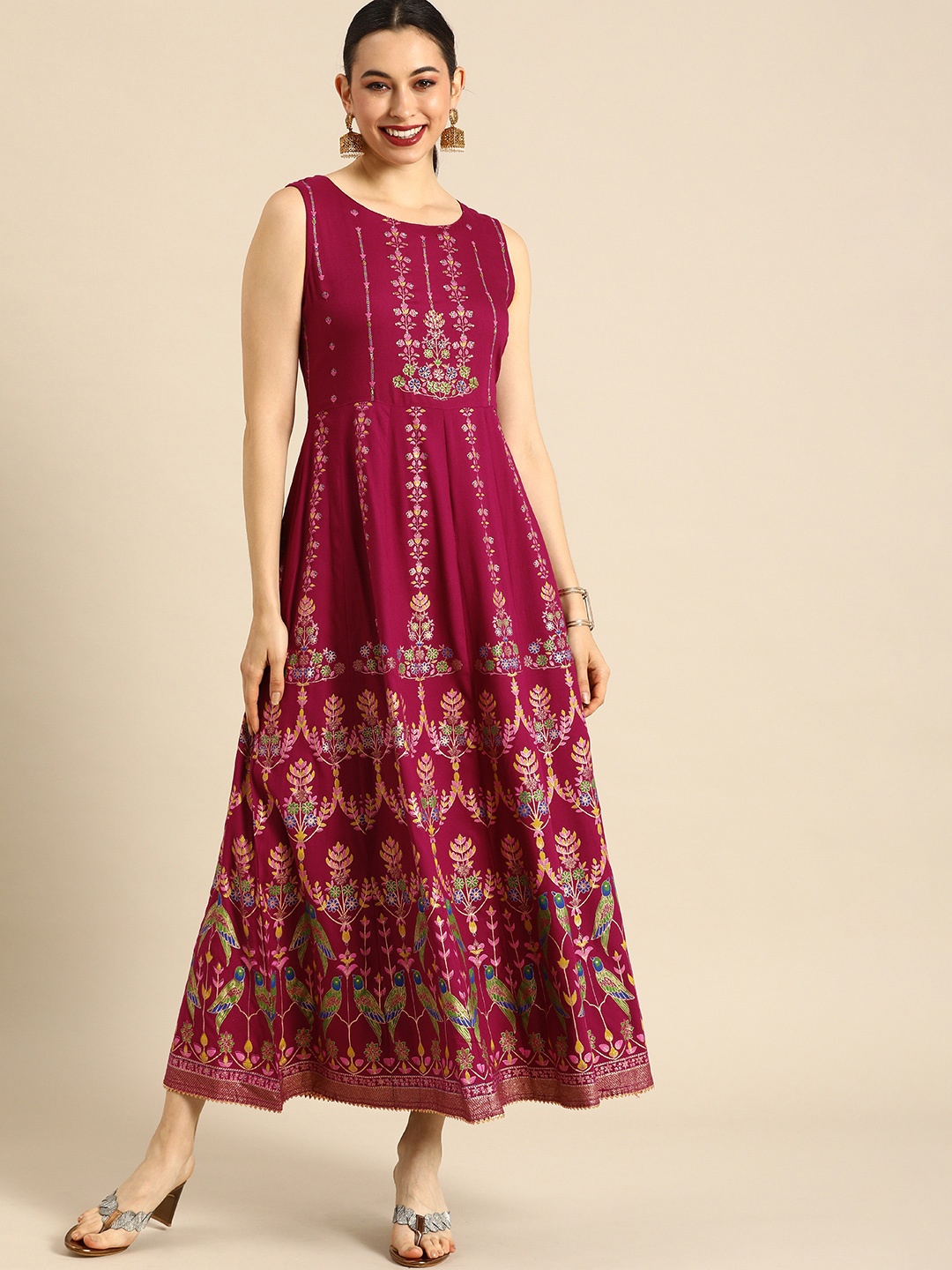 

Anouk Burgundy & Golden Ethnic Motifs Ethnic Maxi Dress