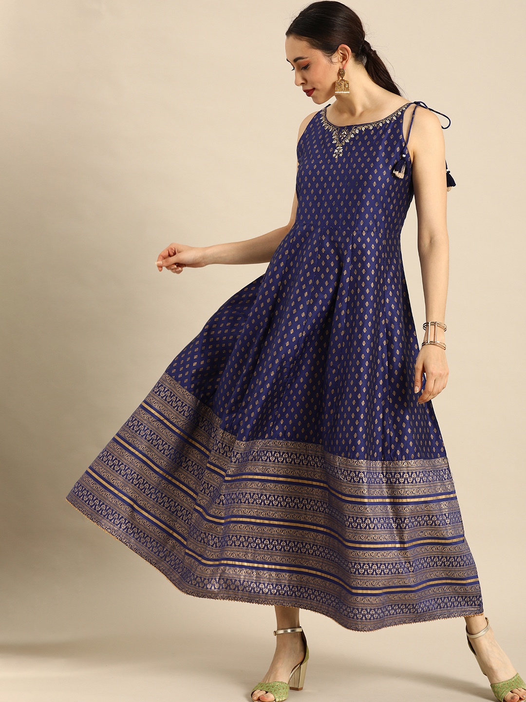 

Anouk Navy Blue & Golden Ethnic Motifs Ethnic Maxi Dress