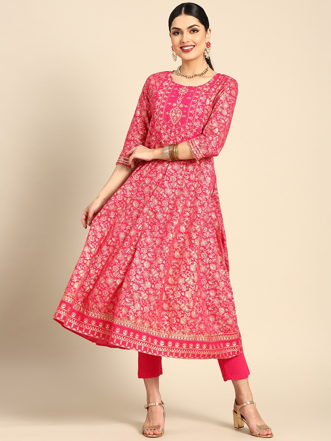 

Anouk Women Fuchsia & Golden Motifs Print Pure Cotton Kurta with Trousers