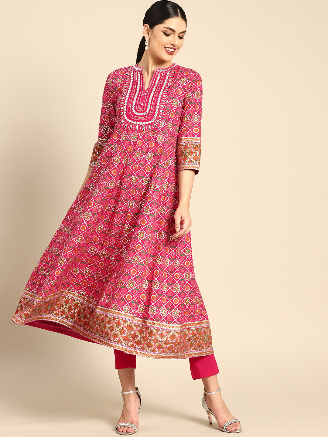 

Anouk Women Pink & Silver Motifs Print Panelled Pure Cotton Kurta with Trousers