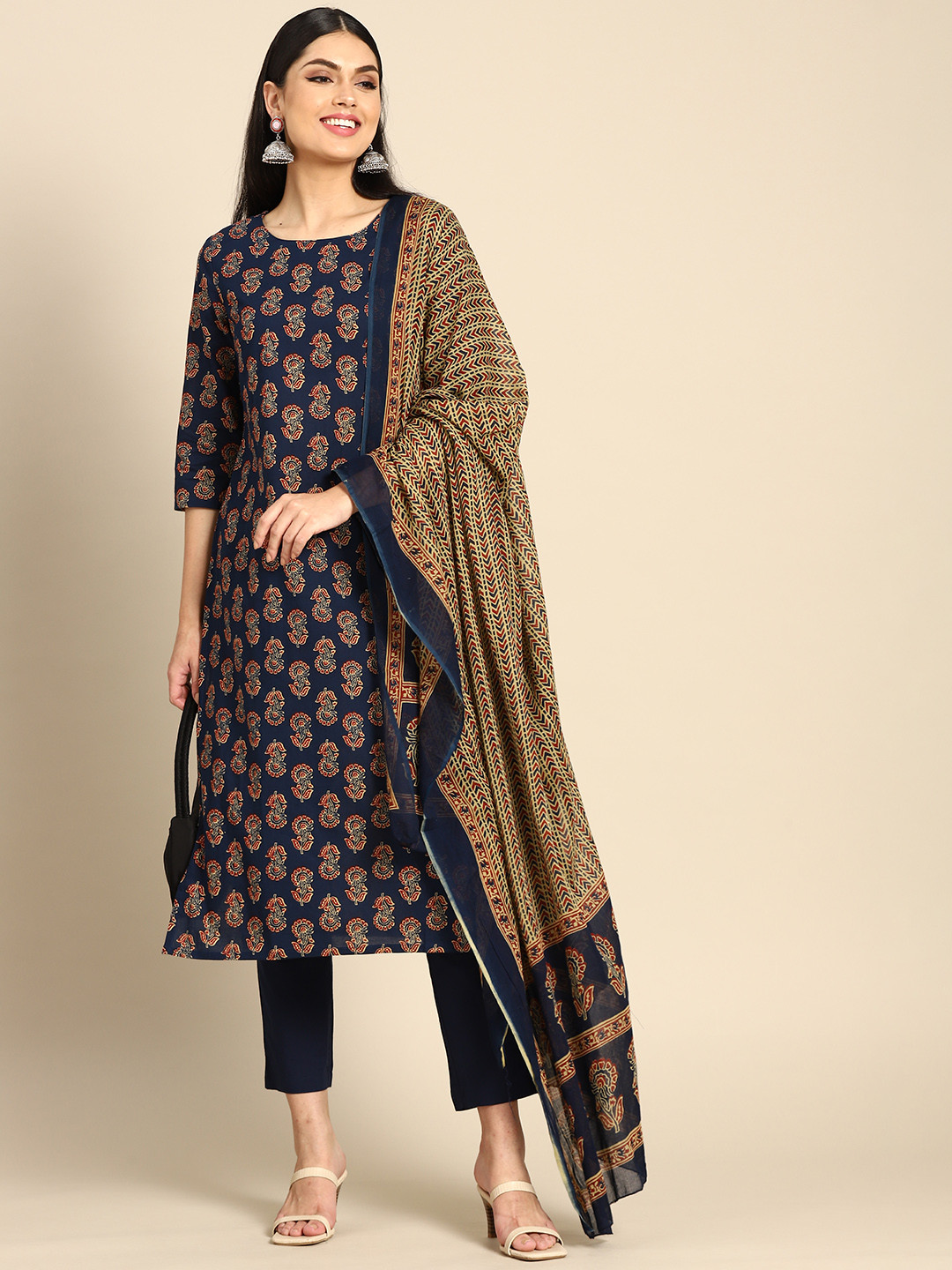 

Anouk Women Navy Blue Pure Cotton Printed Regular Kurta with Trousers & Dupatta