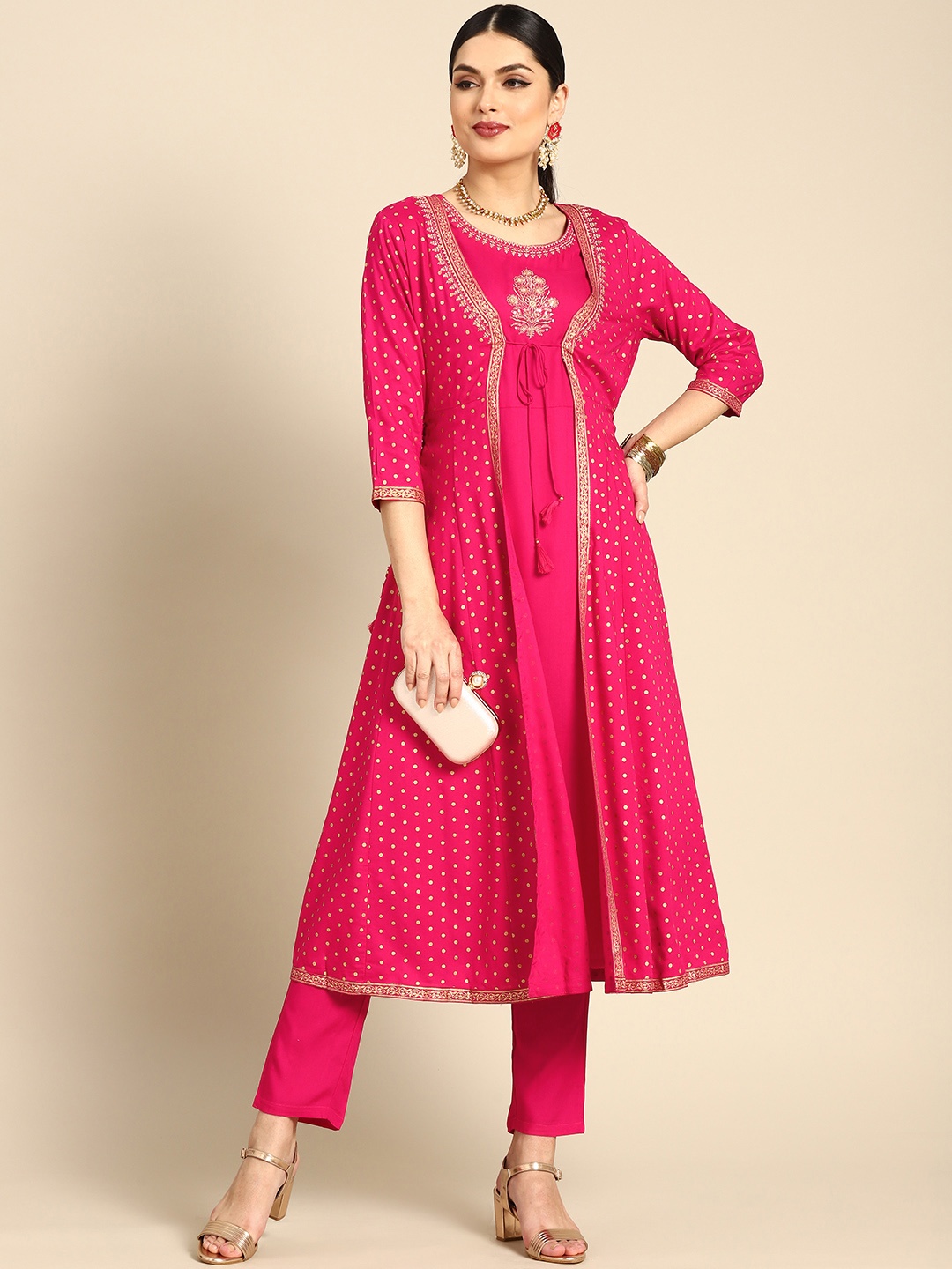 

Anouk Women Fuchsia & Golden Polka Dots Print Layered Kurta with Trousers