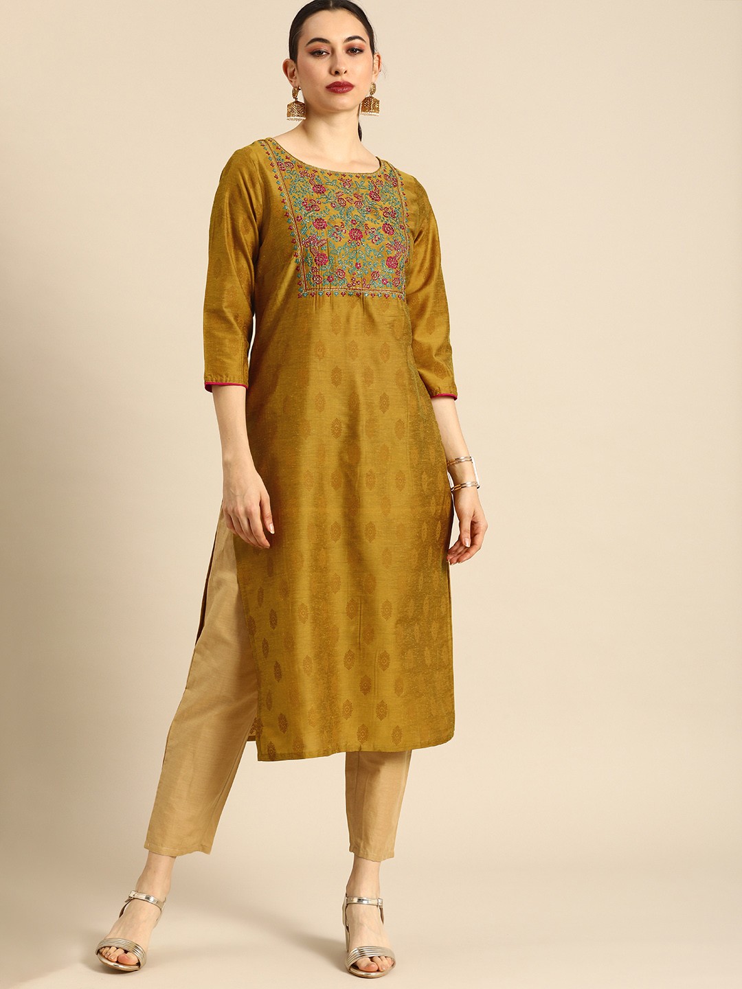 

Anouk Women Mustard Yellow & Blue Embroidered Kurta