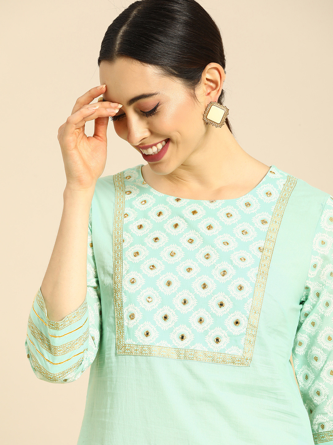 

Anouk Women Sea Green & Gold-Toned Ethnic Motifs Yoke Design Mirror Work Kurta