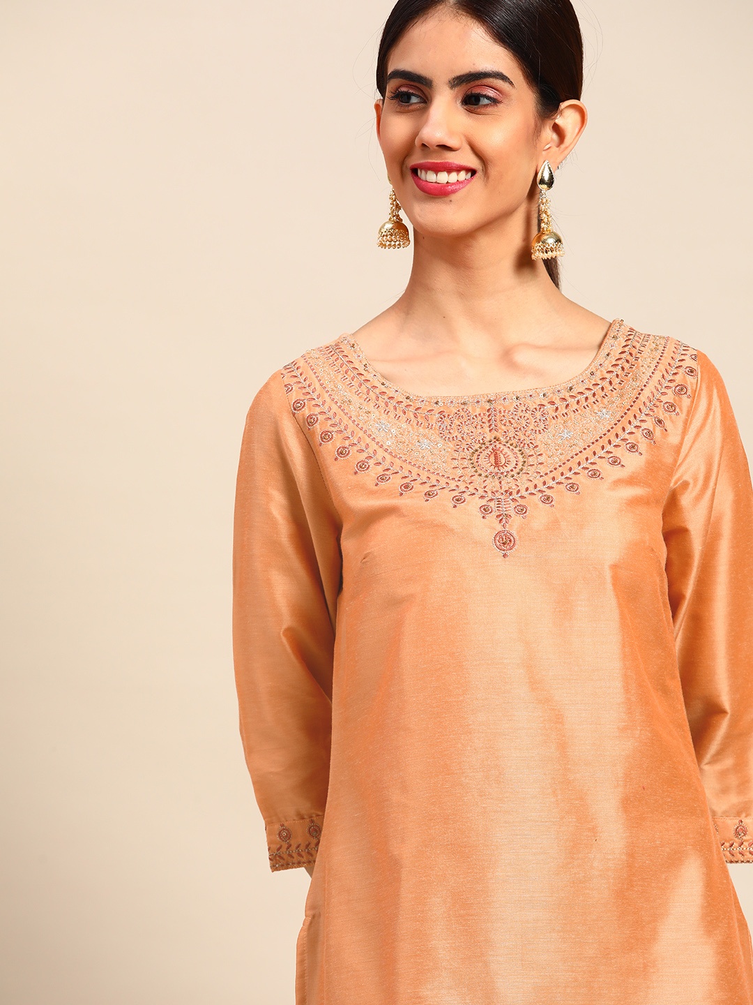 

Anouk Women Peach-Coloured Ethnic Motifs Yoke Design Kurta