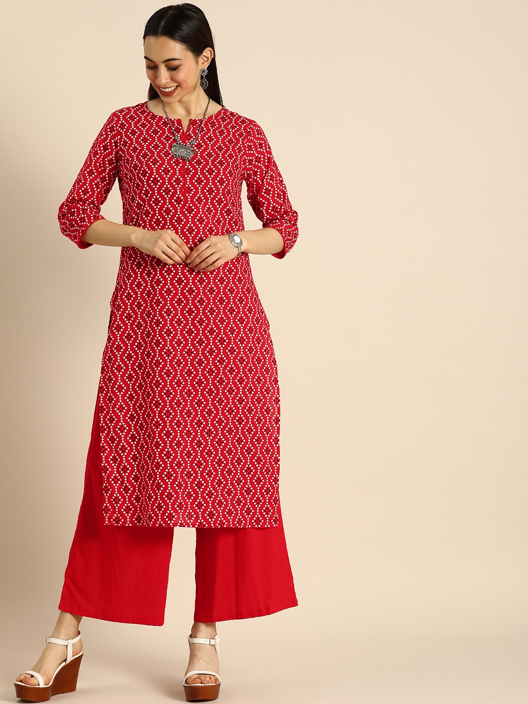 

Anouk Women Red & White Ethnic Motifs Printed Pure Cotton Kurta with Palazzos