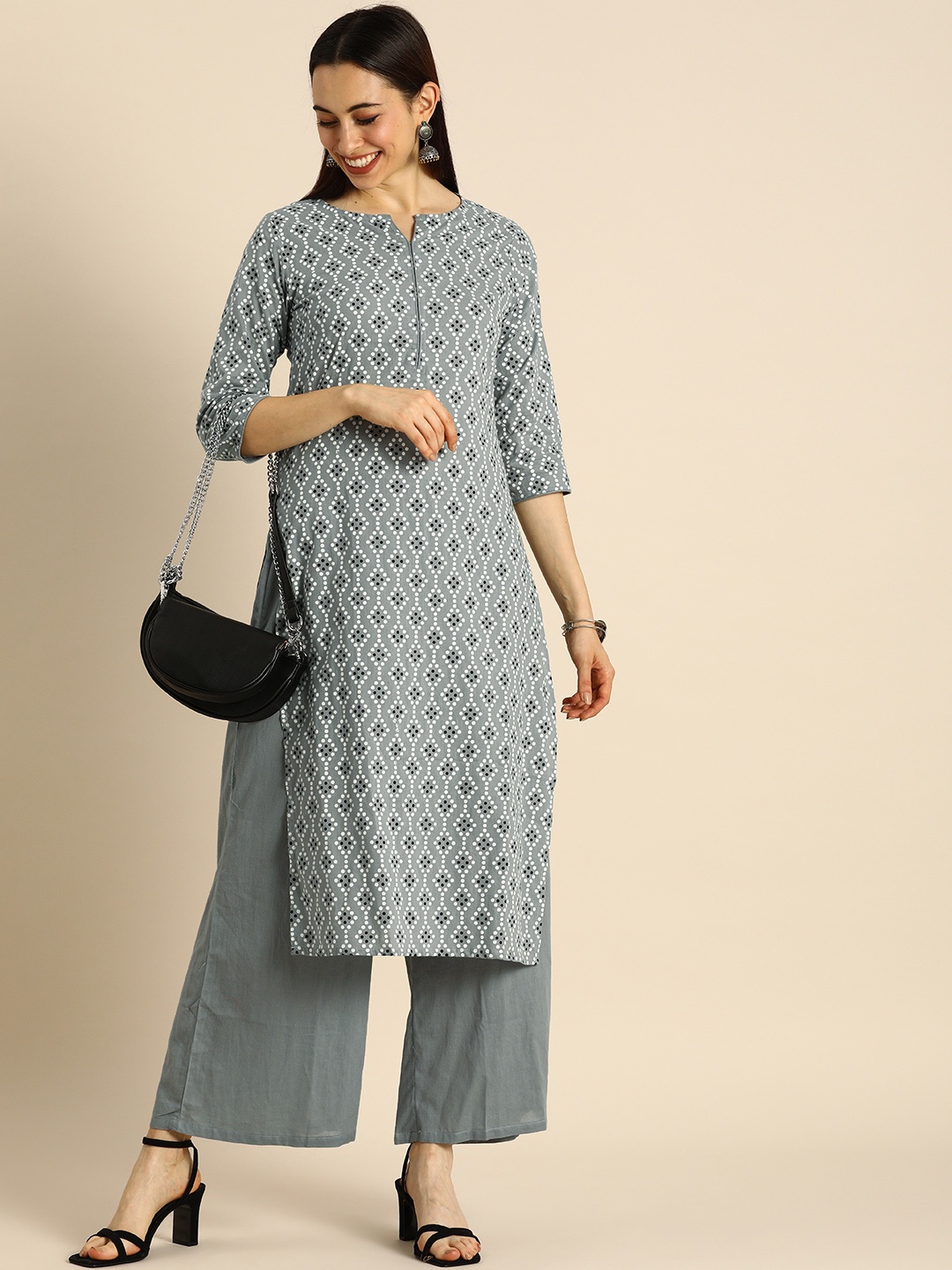 

Anouk Women Grey & White Ethnic Motifs Printed Pure Cotton Kurta with Palazzos