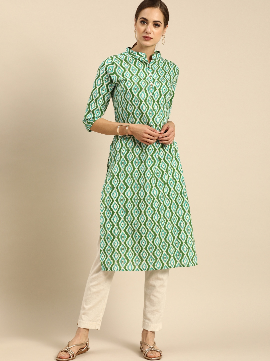 

Anouk Women Green & White Ethnic Motifs Printed Kurta