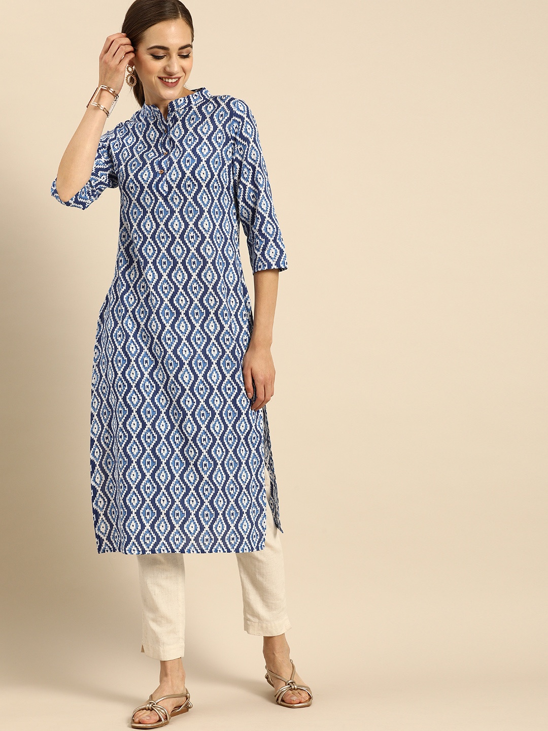 

Anouk Women Blue & White Ethnic Motifs Printed Kurta