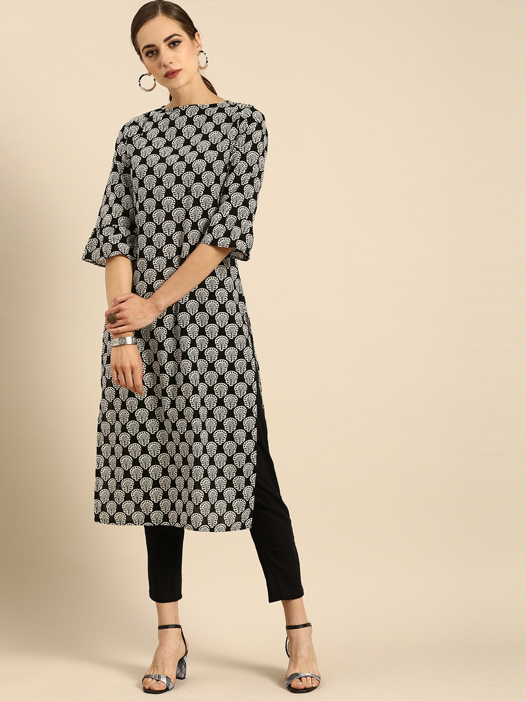 

Anouk Women Black & White Ethnic Motifs Printed Bell Sleeves Kurta