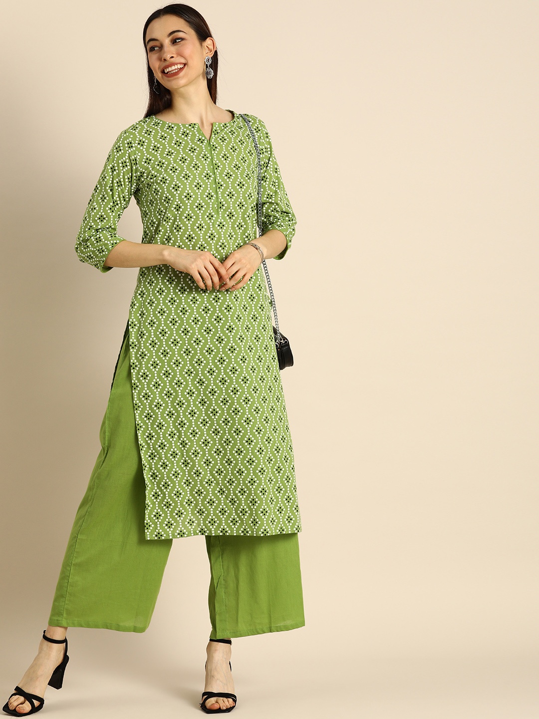 

Anouk Women Green & White Ethnic Motifs Printed Pure Cotton Kurta with Palazzos