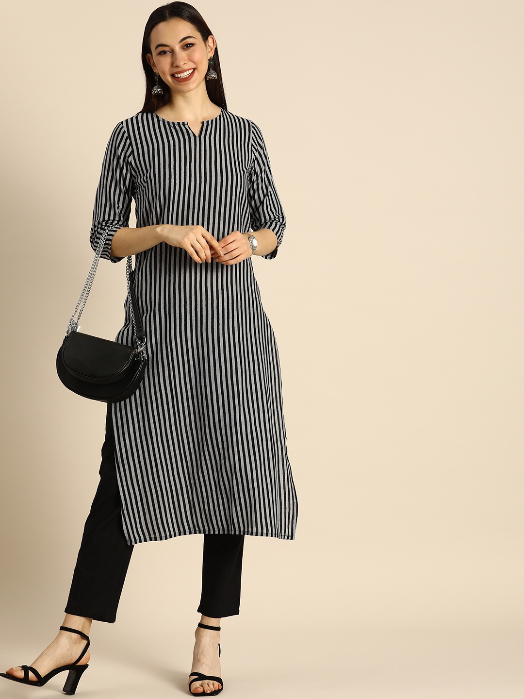 

Anouk Women Grey & Black Striped Pure Cotton Kurta with Trousers