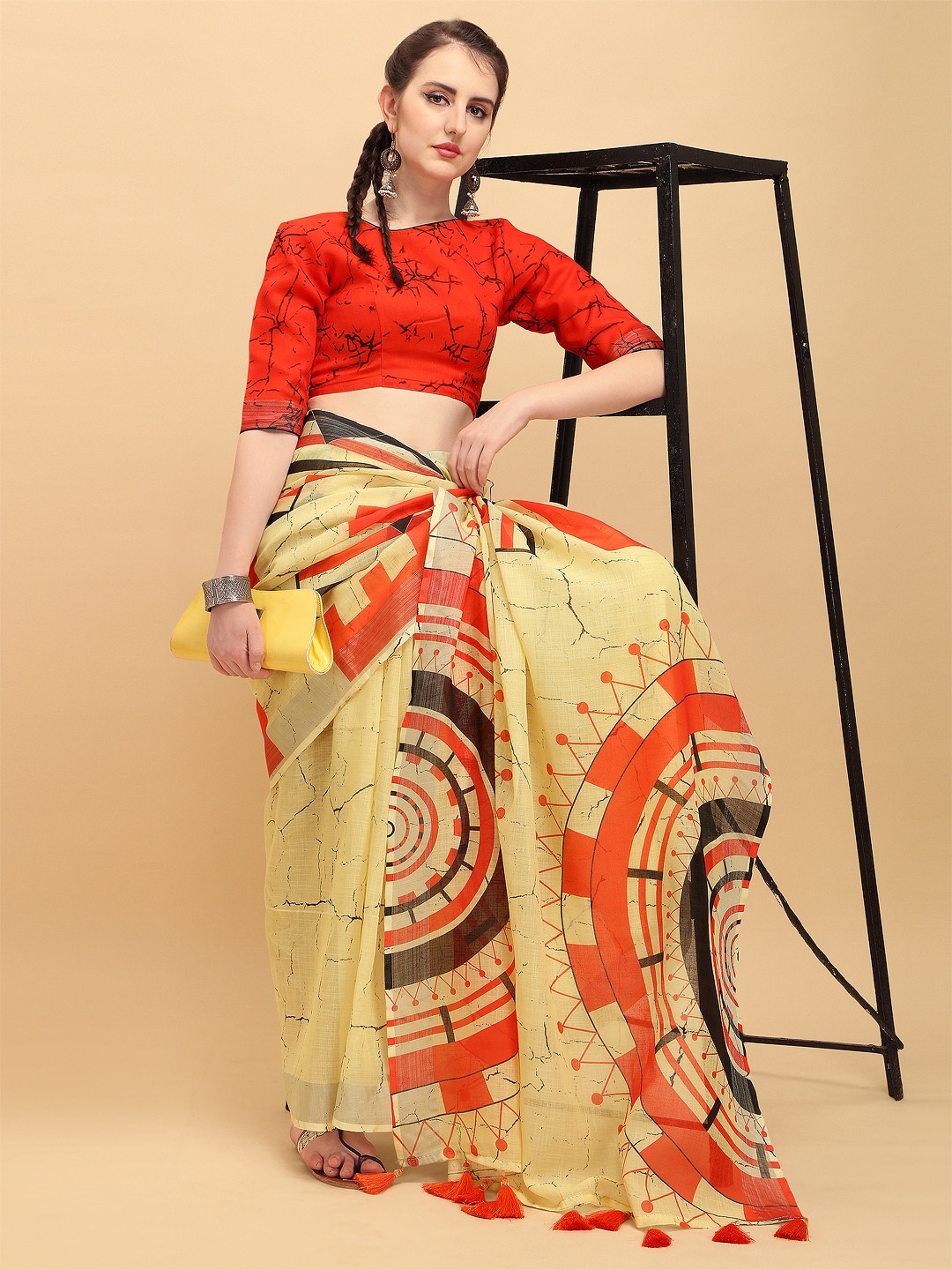 

Sangria Yellow & Orange Pure Linen Geometric Print Saree