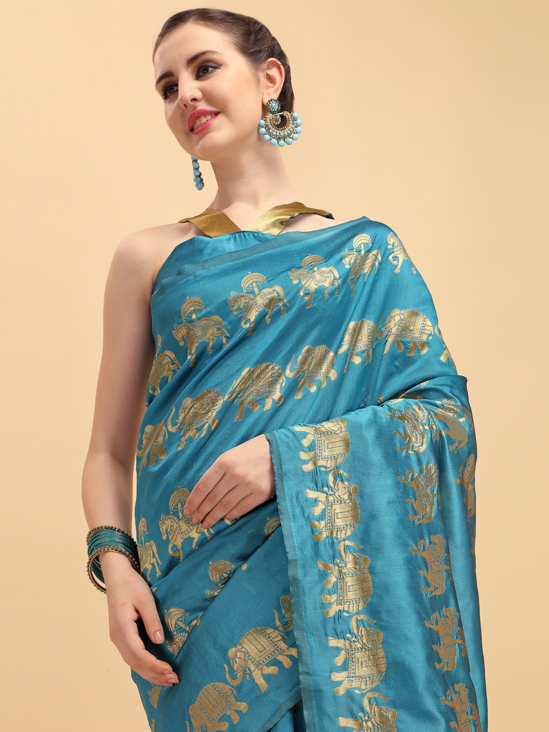 

Sangria Teal Blue & Golden Ethnic Motifs Zari Silk Blend Banarasi Saree