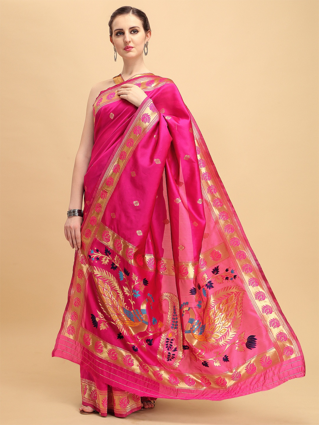 

Sangria Pink & Golden Ethnic Motifs Zari Silk Blend Banarasi Saree