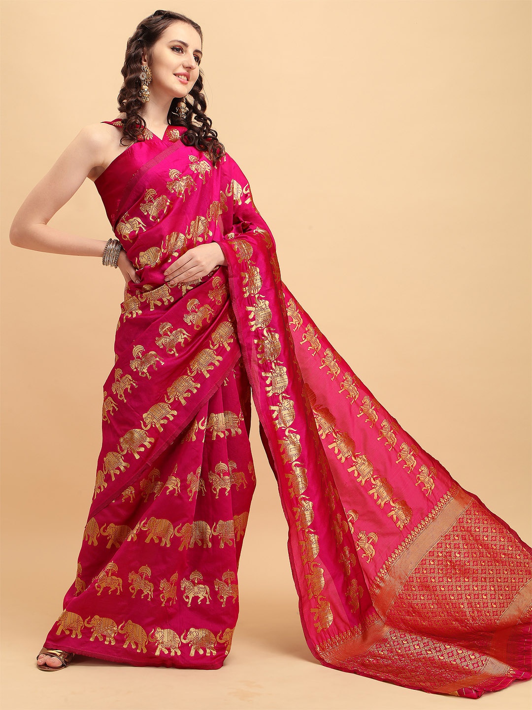 

Sangria Pink & Golden Ethnic Motifs Zari Silk Blend Heavy Work Banarasi Saree