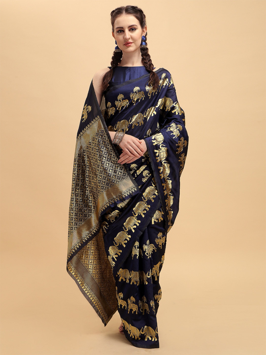 

Sangria Navy Blue & Golden Ethnic Motifs Zari Silk Blend Heavy Work Banarasi Saree