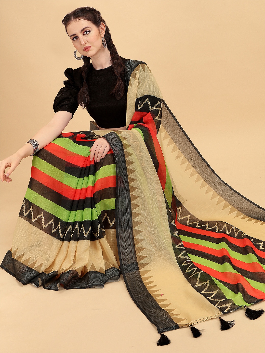 

Sangria Beige & Green Striped Pure Linen Saree