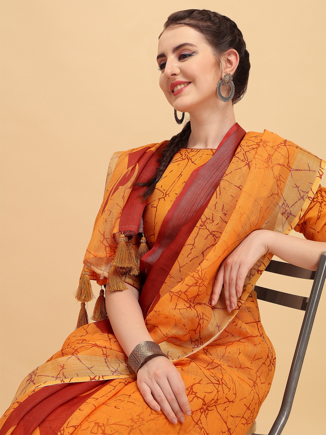 

Sangria Mustard Orange & Red Tie and Dye Pure Linen Saree