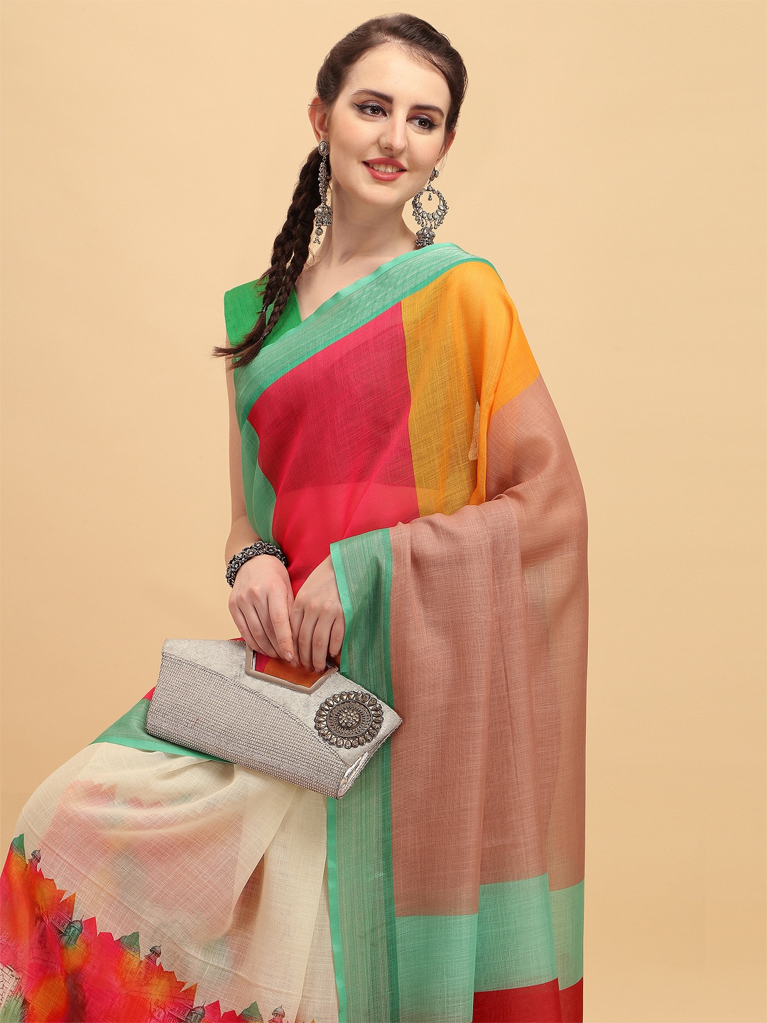 

Sangria Multicoloured Striped Pure Linen Saree, Multi