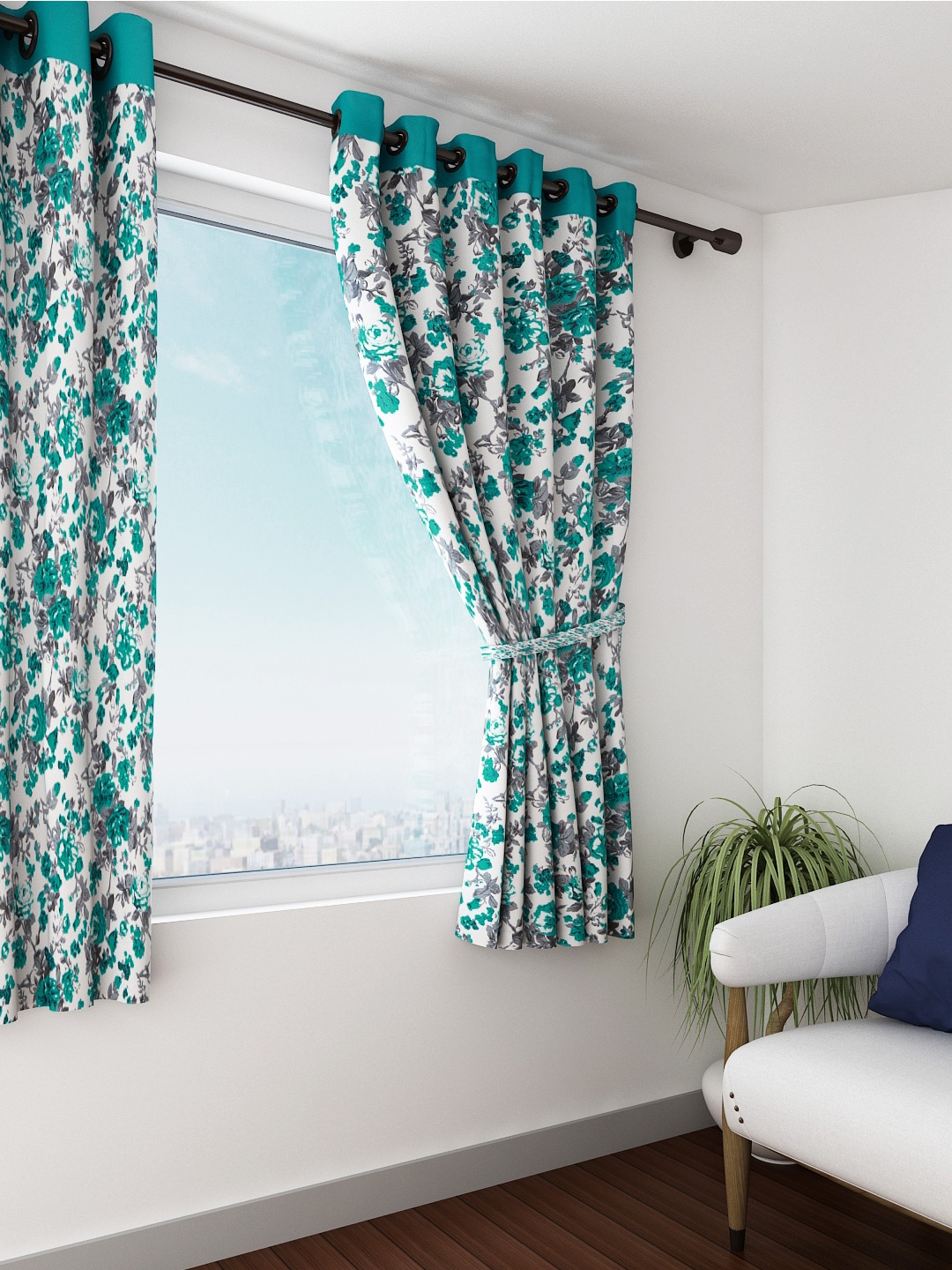 

SWAYAM Off-White & Green Single Printed Room Darkening Window Curtain