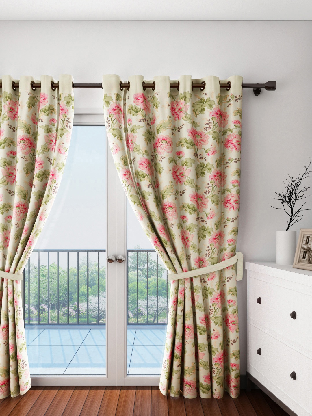

Swayam Pink Floral Libra Delight100% Cotton Door Curtain 7.5ft 8 Eyelets, Cream