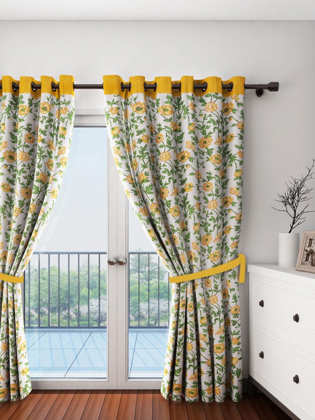 SWAYAM White & Yellow Single Floral Print Door Curtain