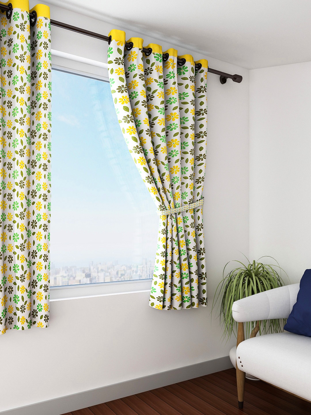 

SWAYAM White & Yellow Single Printed Window Curtain