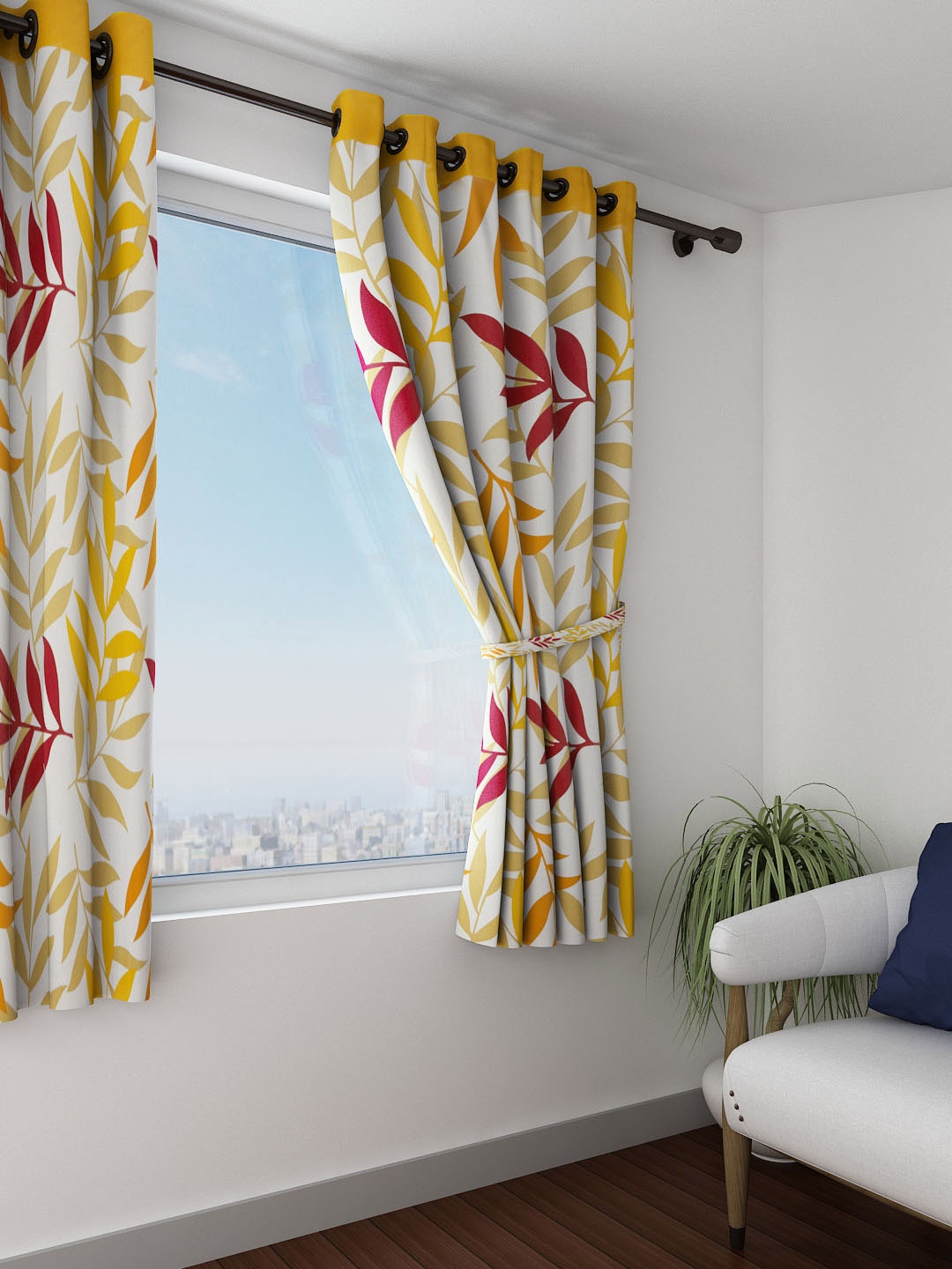 

SWAYAM White & Yellow Single Printed Room Darkening Window Curtain