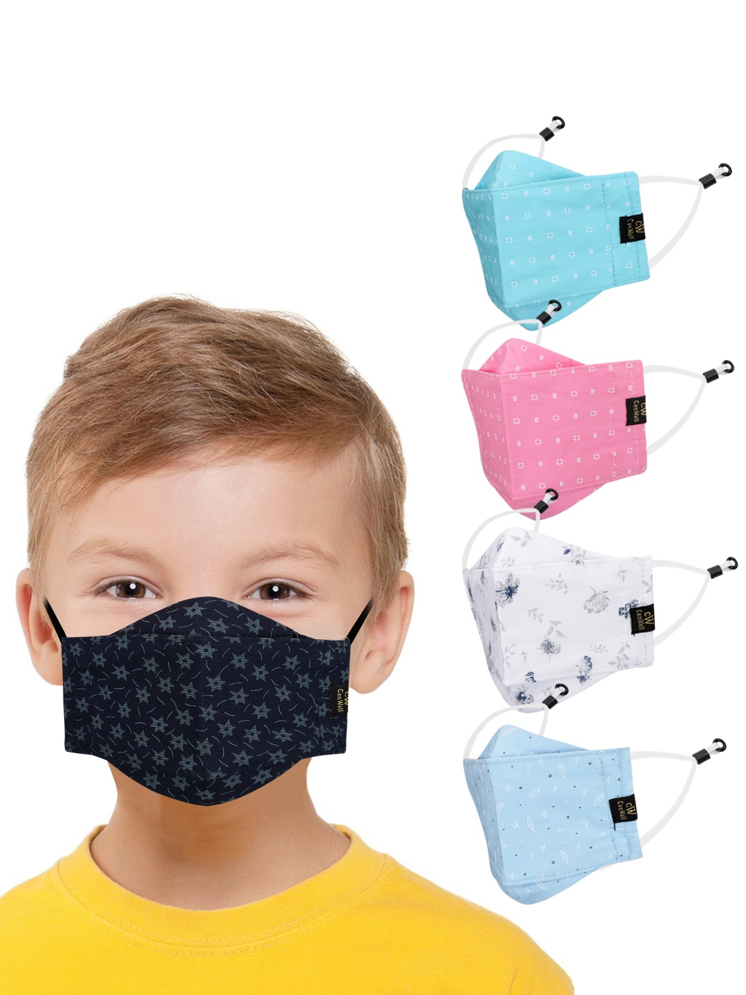 

CENWELL Unisex Kids Pack Of 5 Printed 6-Ply Reuable Pure Cotton 3D Cloth Mask, Blue