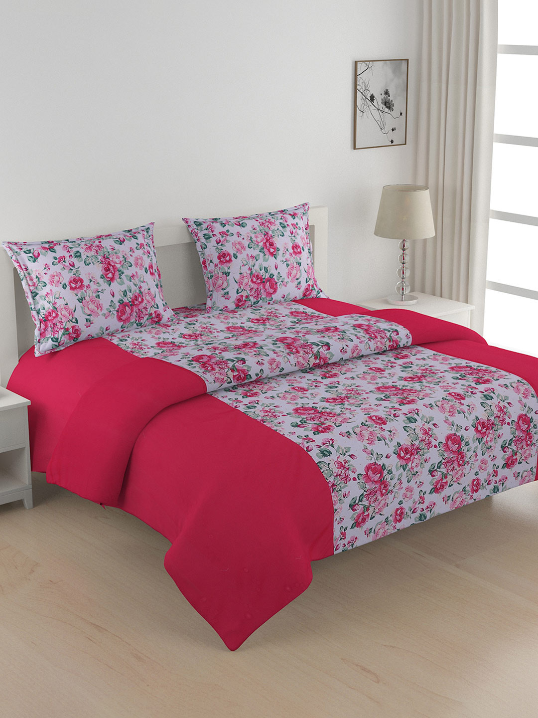 

SWAYAM White & Pink Floral Print Bedding Set with Reversible Quilt