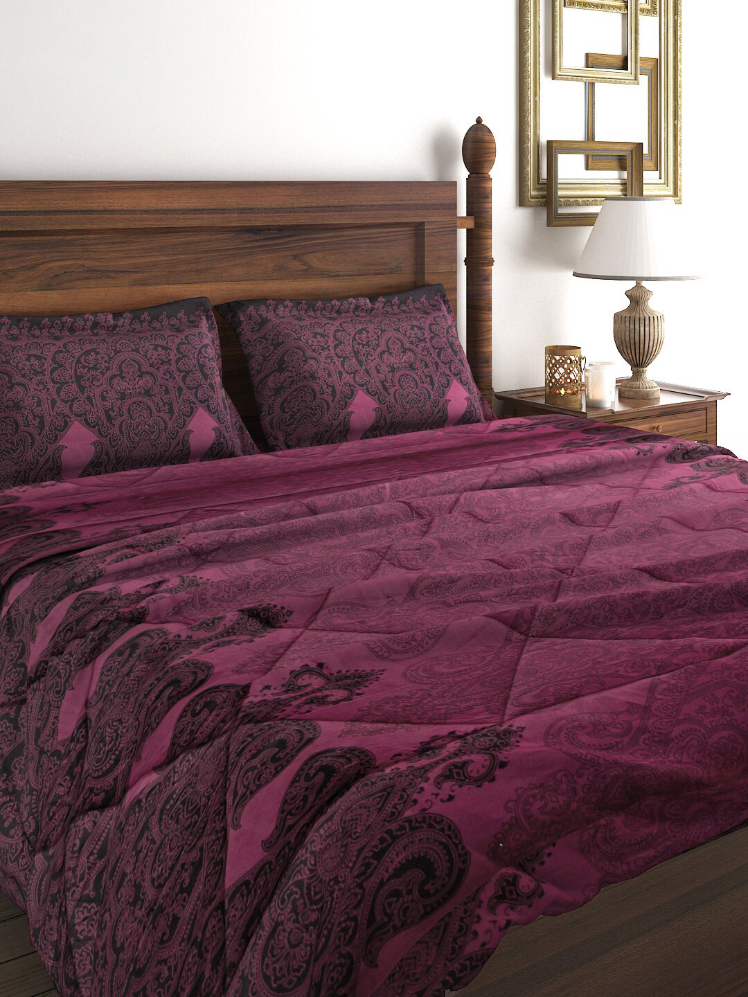 

SWAYAM Burgundy Printed Bedding Set with Quilt (Comforter)