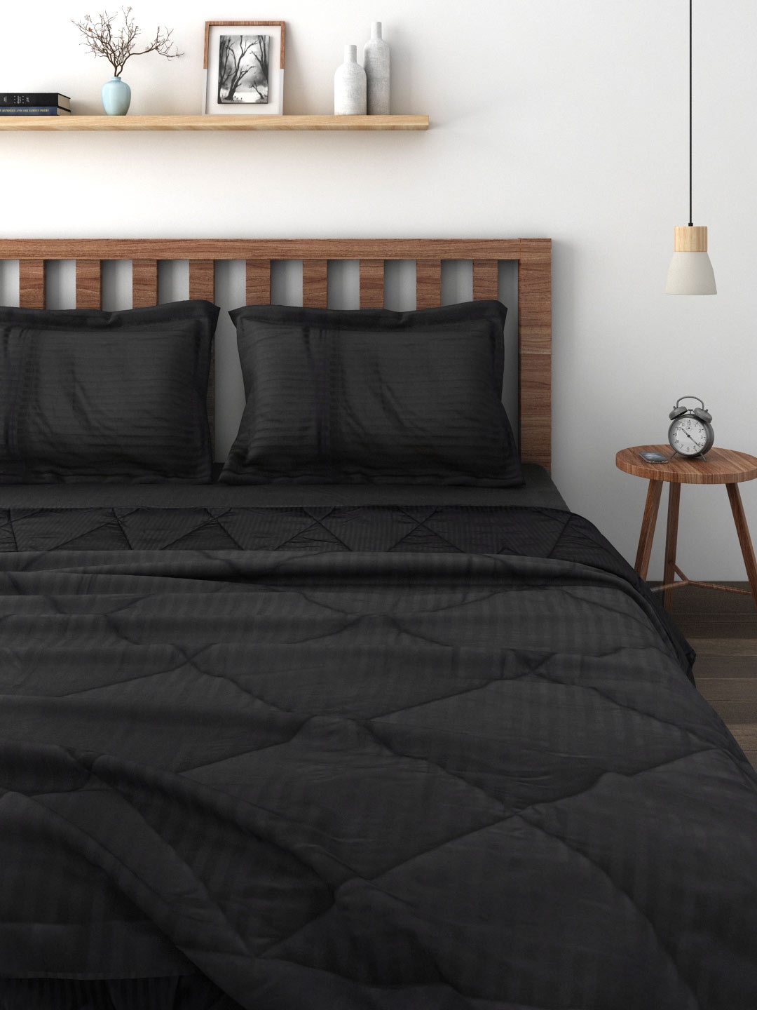 

SWAYAM Black Self-Striped Bedding Set with Reversible Quilt (Comforter)