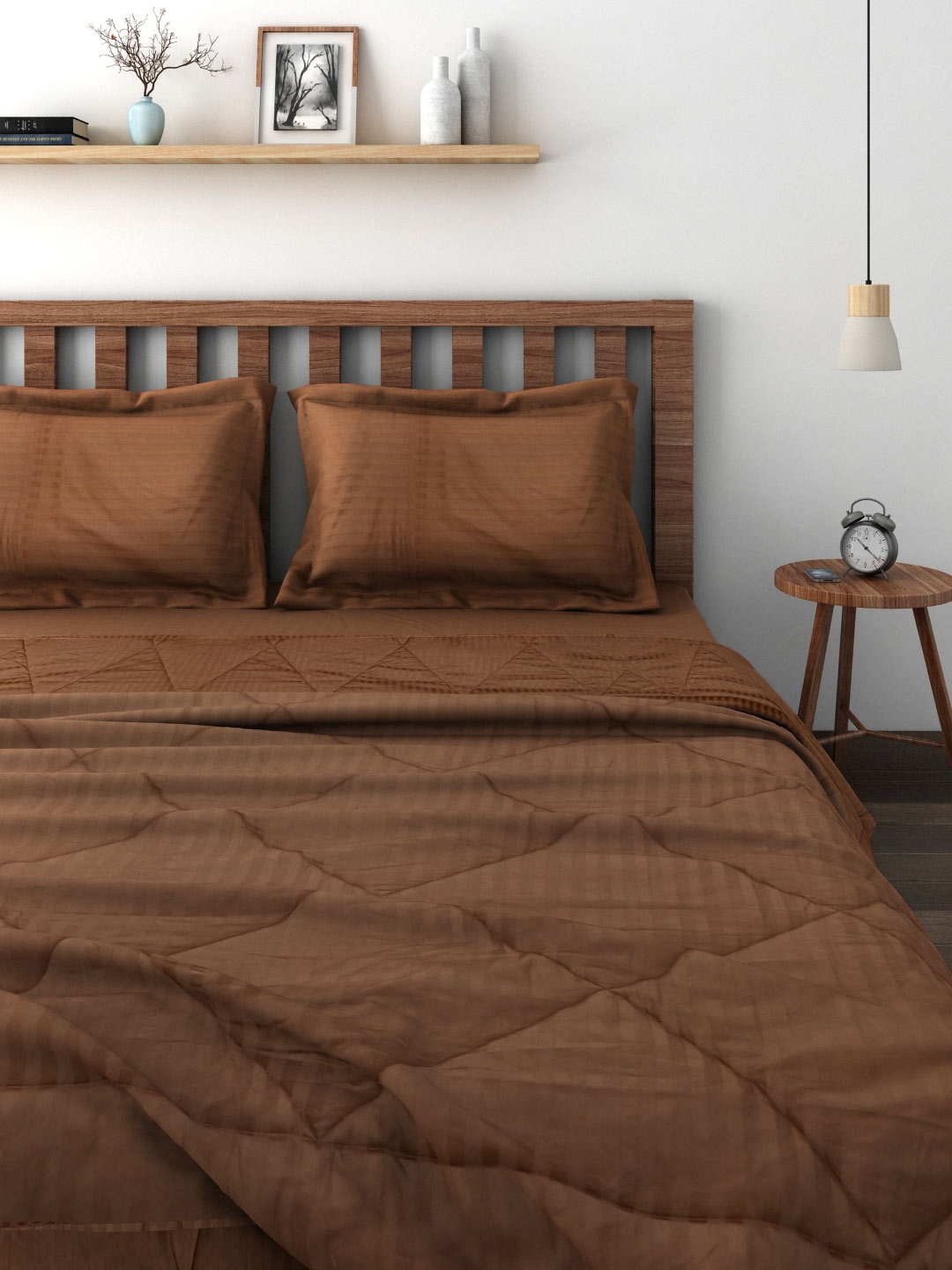 

SWAYAM Brown Self-Striped Bedding Set with Reversible Quilt (Comforter)