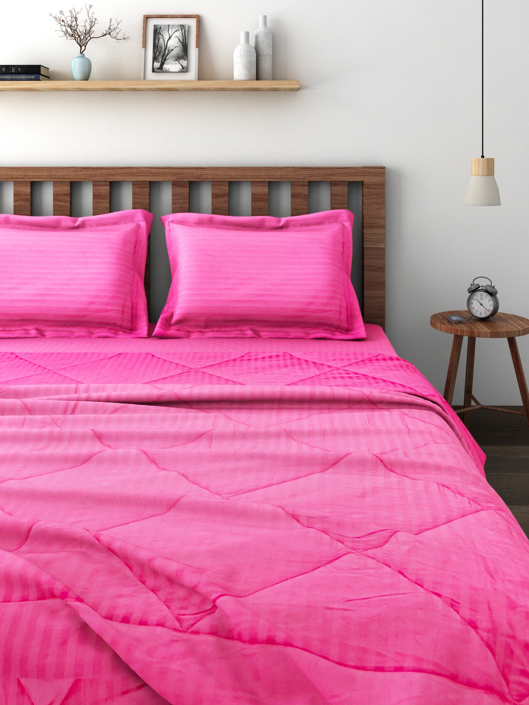 

SWAYAM Pink Self-Striped Bedding Set with Reversible Quilt (Comforter)