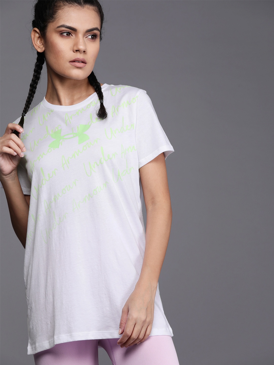 

UNDER ARMOUR Women White & Green Printed UA Live Classic Crew Short Sleeves T-shirt
