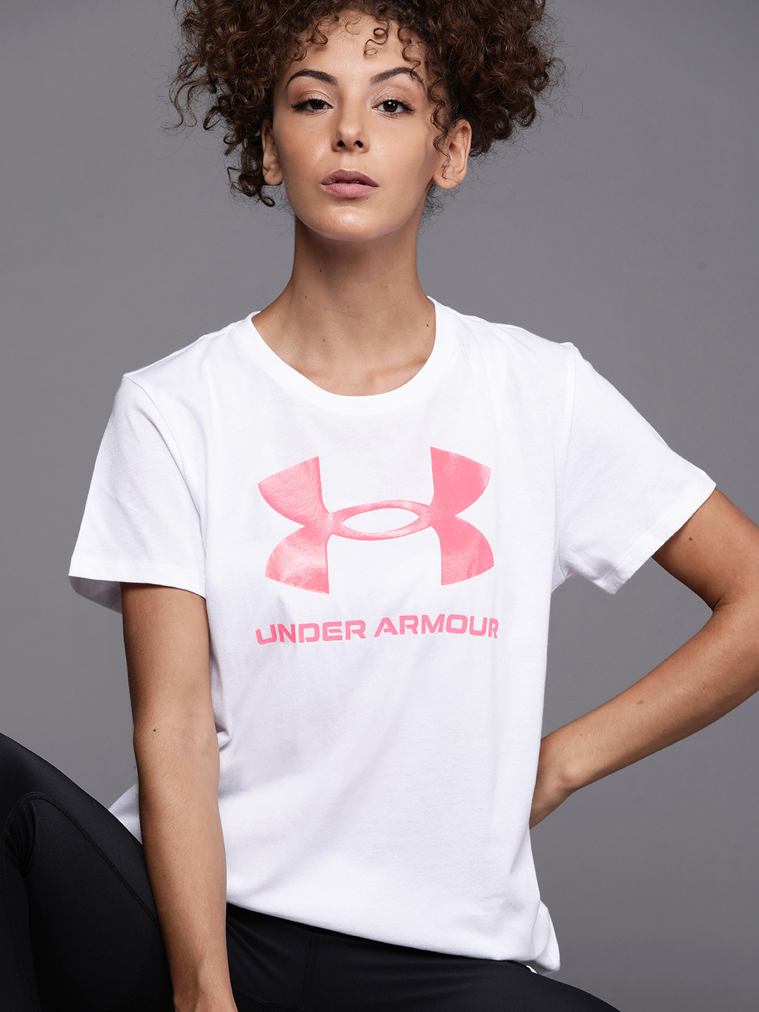 

UNDER ARMOUR Women White & Pink Logo Print Loose Sportstyle Graphic Short Sleeve T-shirt