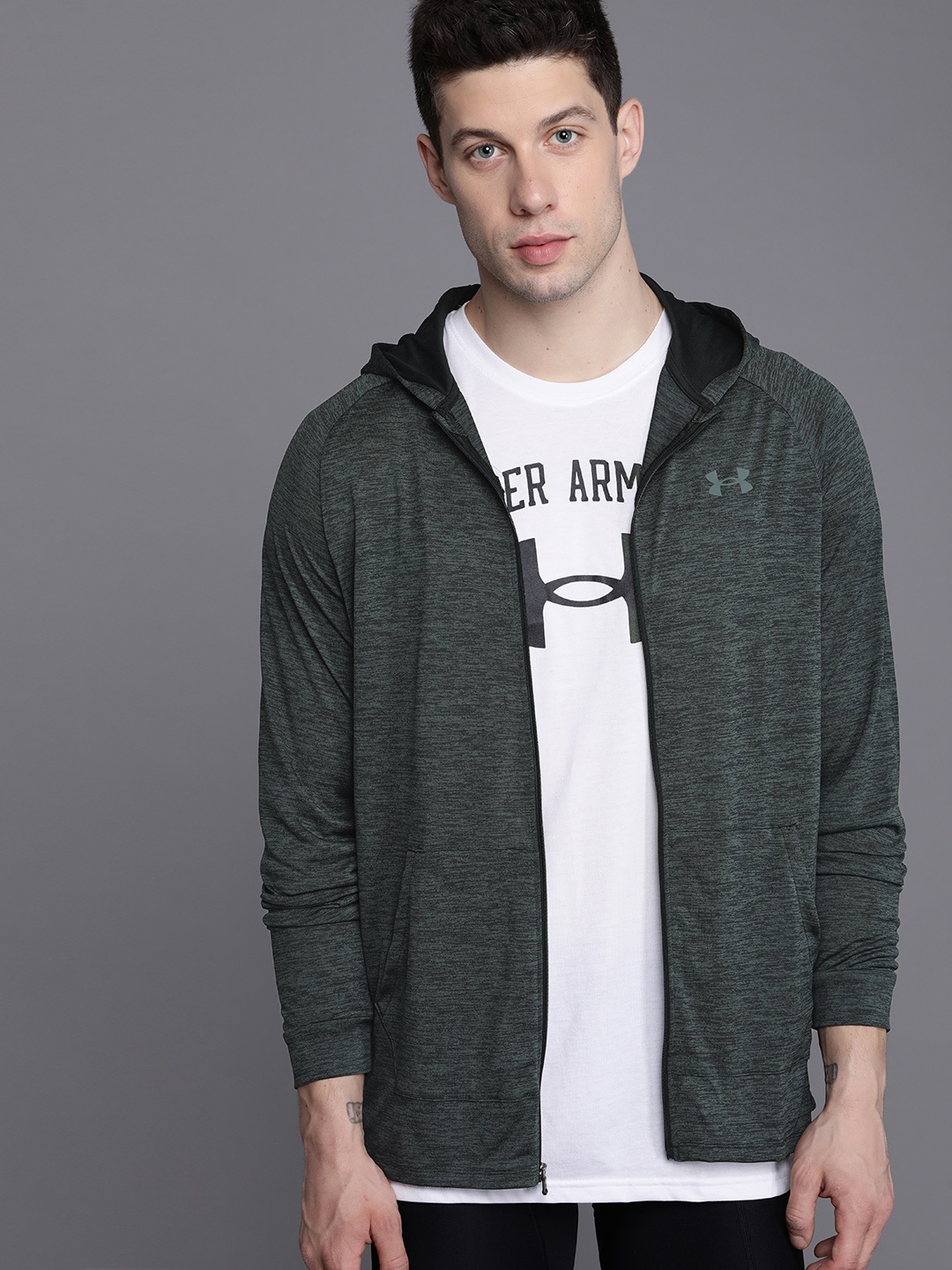 

UNDER ARMOUR Men Charcoal Grey & Black Tech 2.0 Full Zip Hoodie