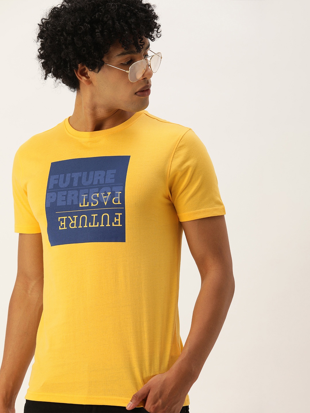 

PETER ENGLAND UNIVERSITY Men Yellow Typography Printed Slim Fit Pure Cotton T-shirt