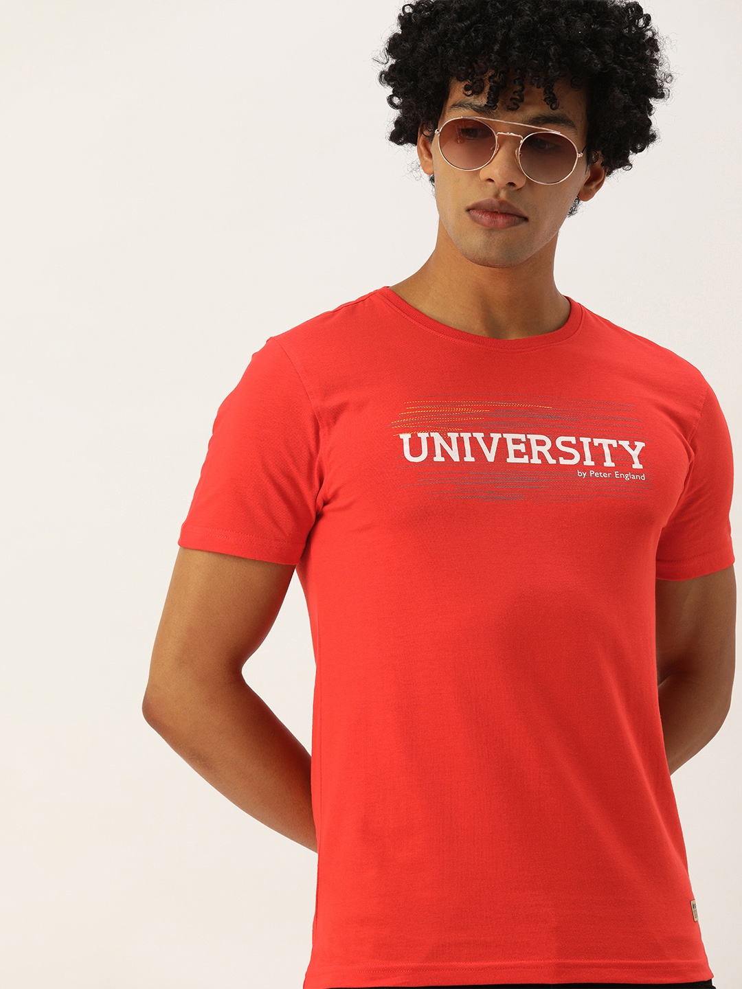 

PETER ENGLAND UNIVERSITY Men Red Typography Printed Slim Fit Pure Cotton T-shirt