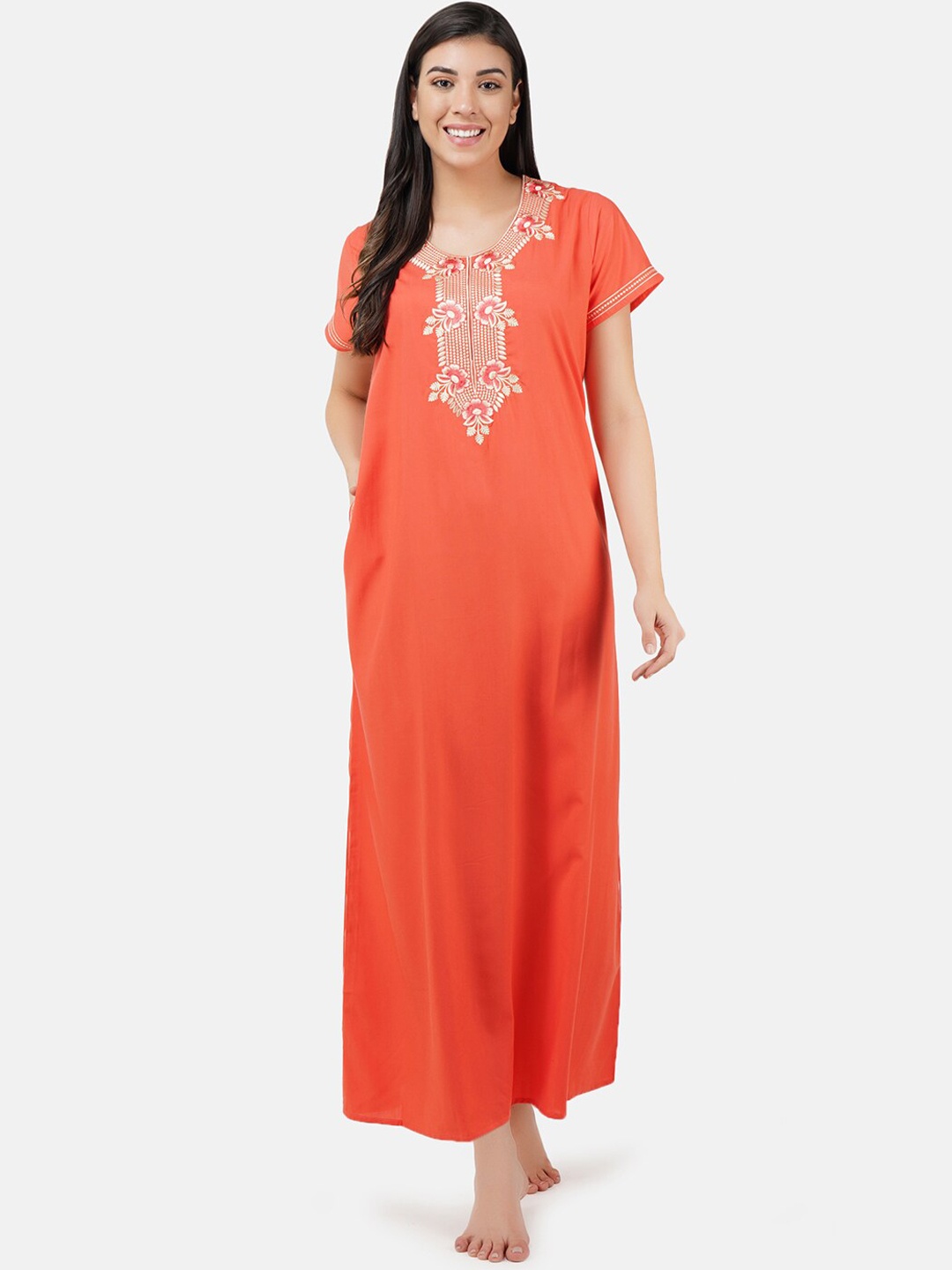 

KOI SLEEPWEAR Woman Coral Pink Embroidered Cotton Maxi Nightdress