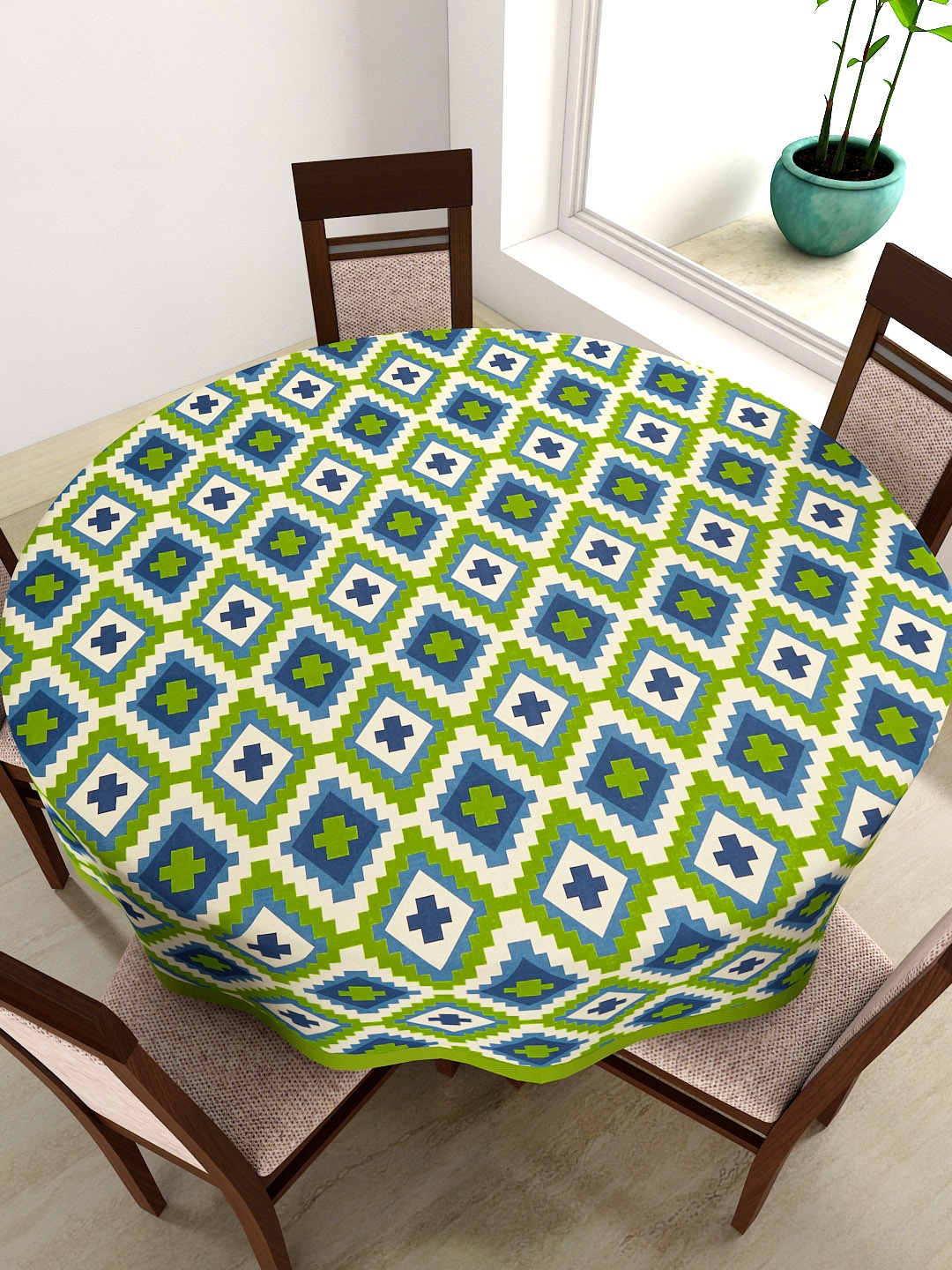 

SWAYAM Green & Blue Round Printed 72" Cotton Table Cloth