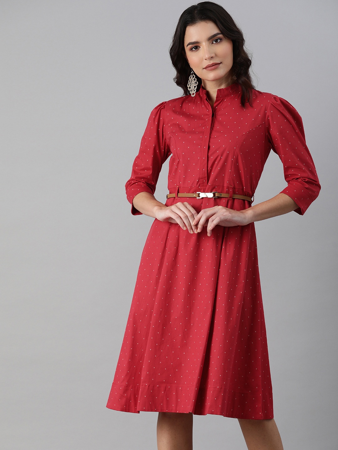 

ETIQUETTE Red Micro Floral Printed Shirt Dress