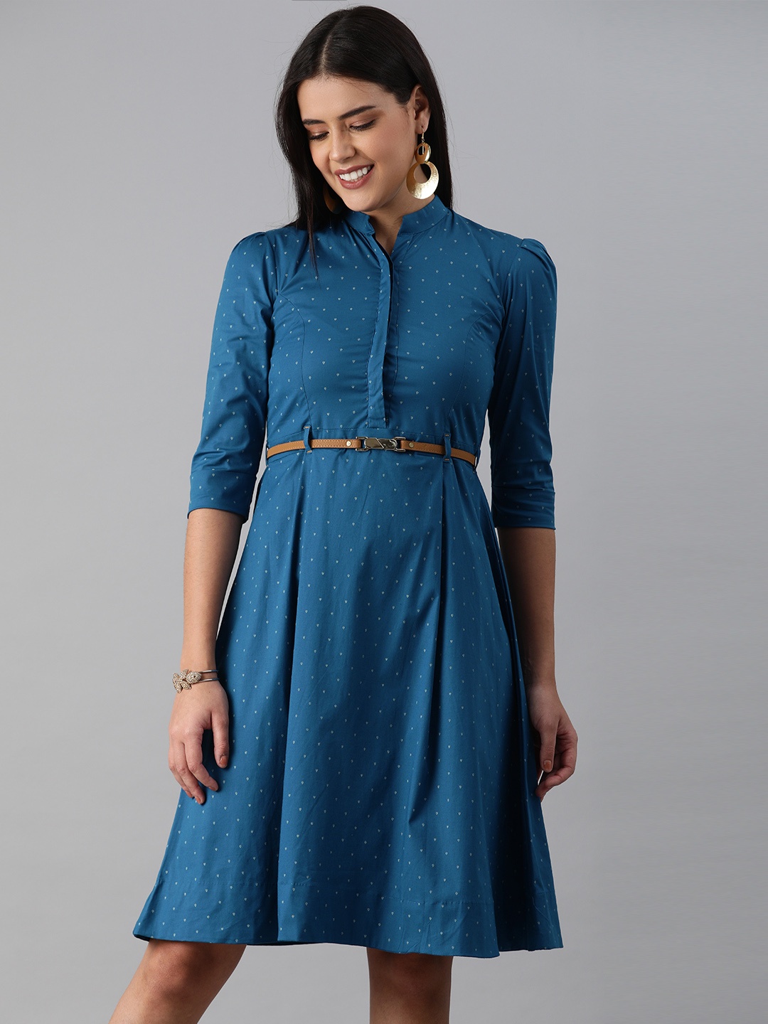 

ETIQUETTE Blue Micro Floral Printed Shirt Dress