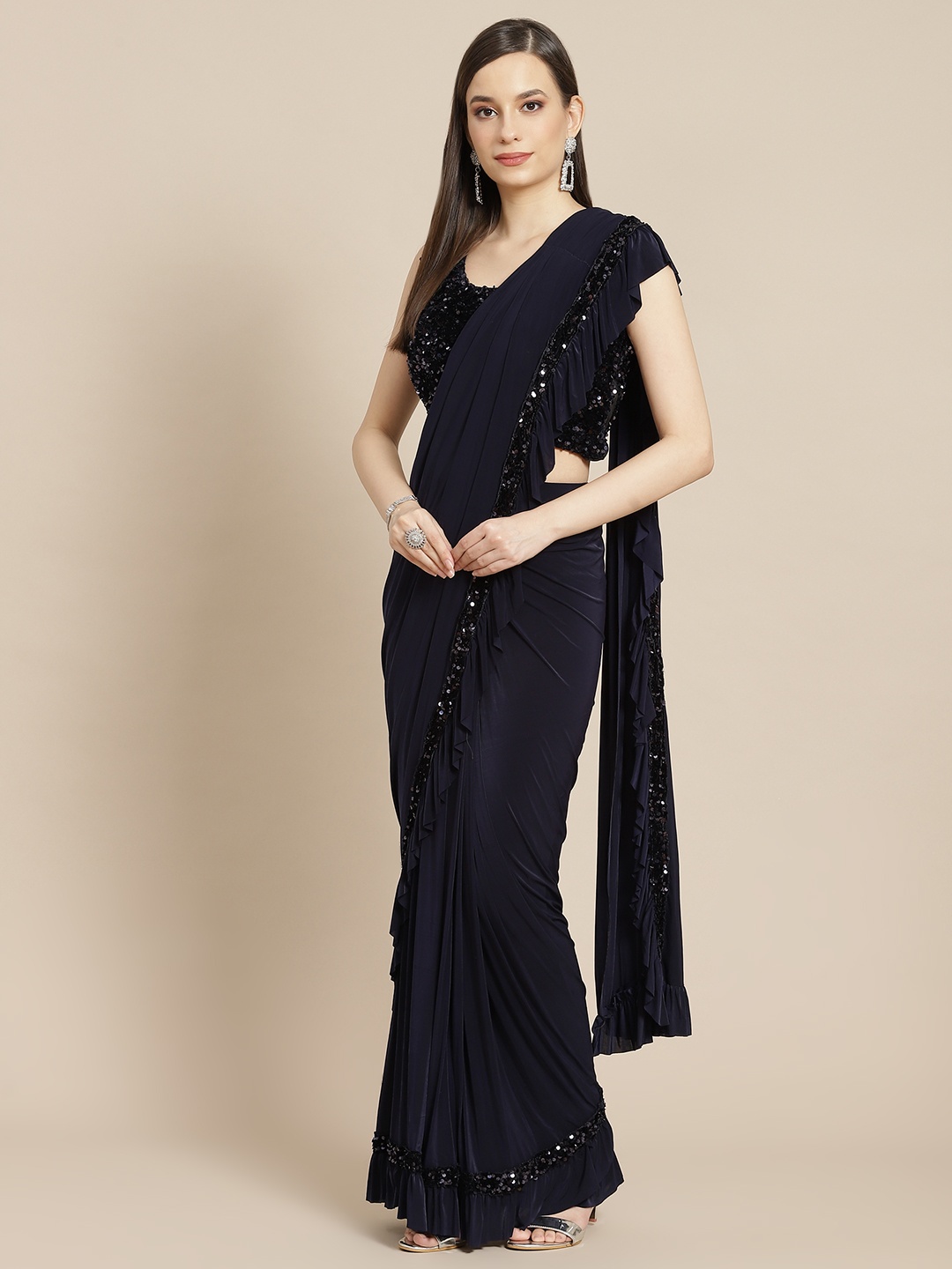 

Mitera Navy Blue Sequinned Ready to Wear Saree