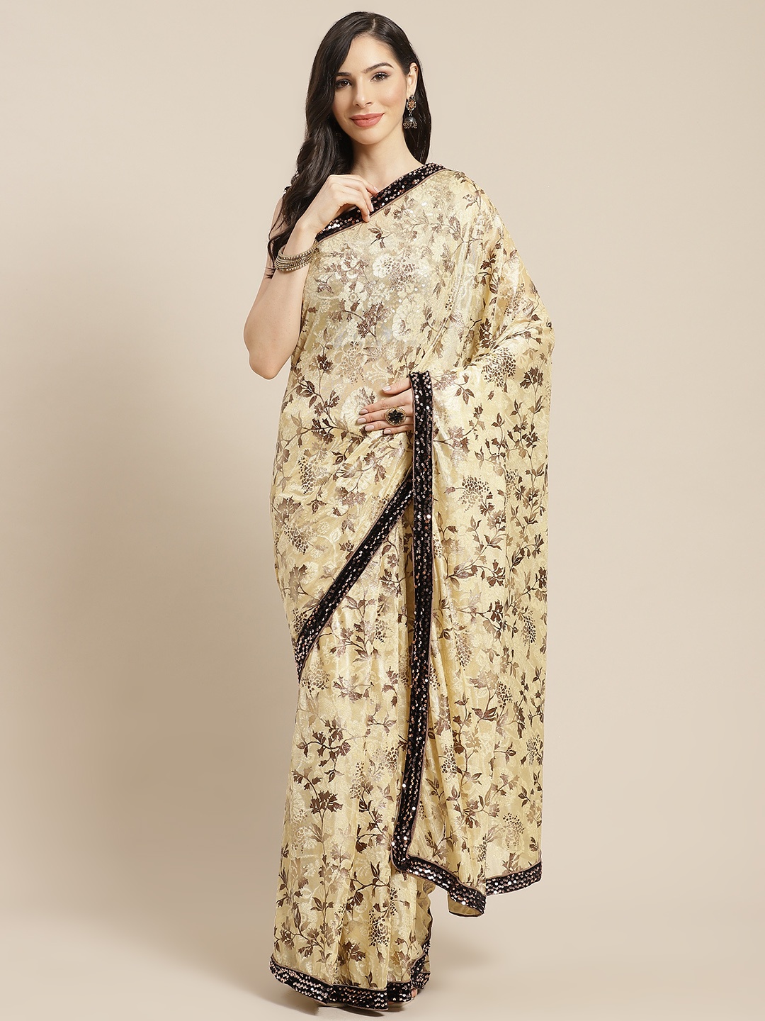 

Mitera Beige & Brown Printed Sequinned Brasso Saree