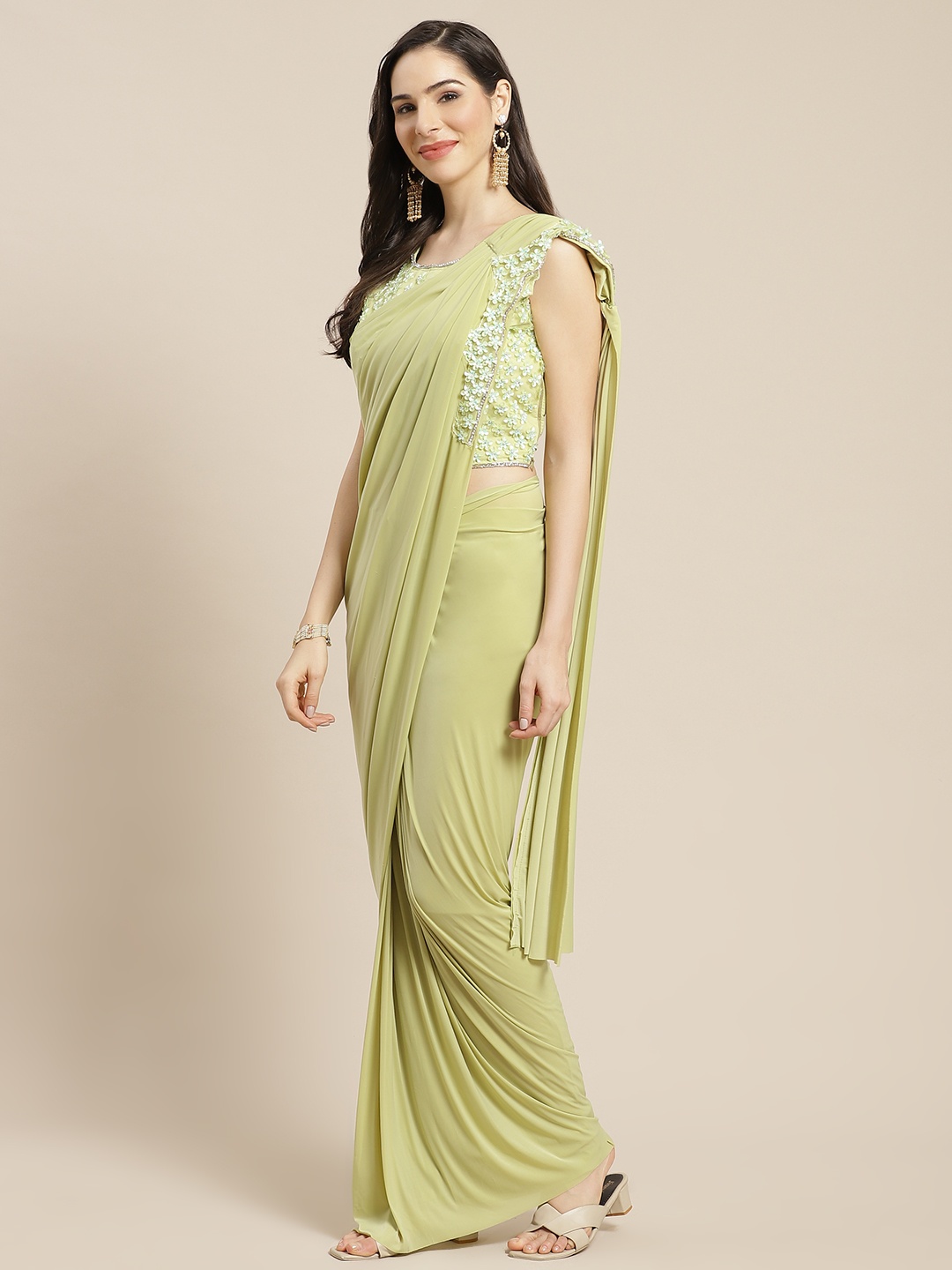

Mitera Green Sequinned Ready to Wear Saree with Stitched Blouse