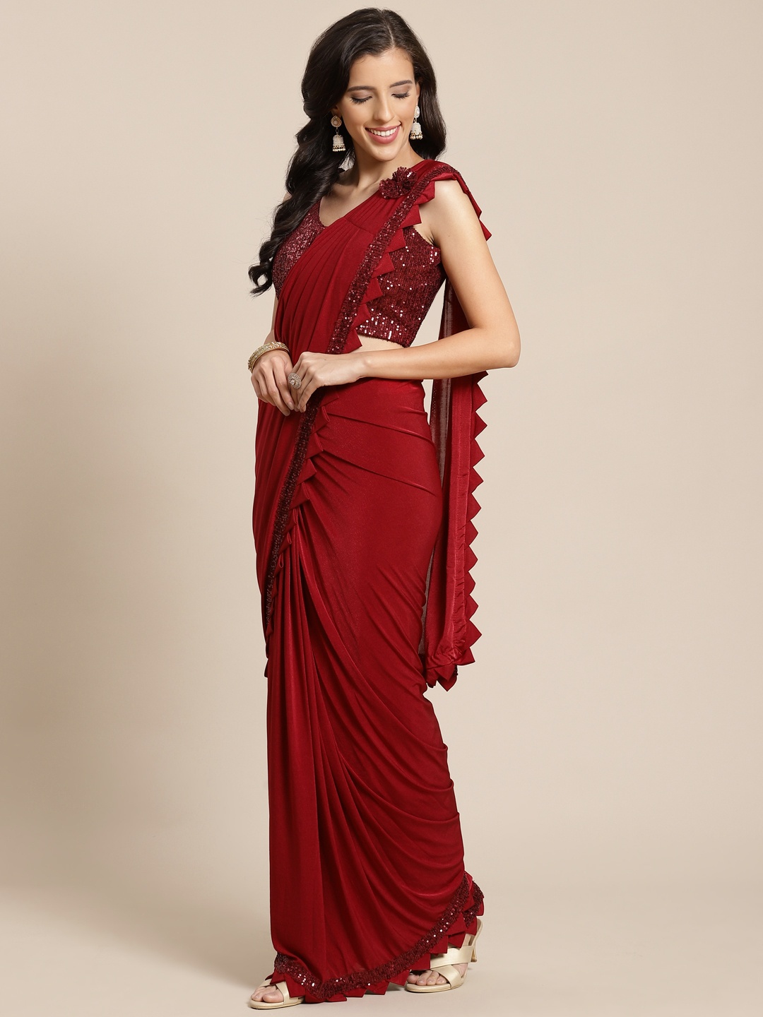 

Mitera Red Sequinned Ready To Wear Ruffle Saree with Cape style Necklace