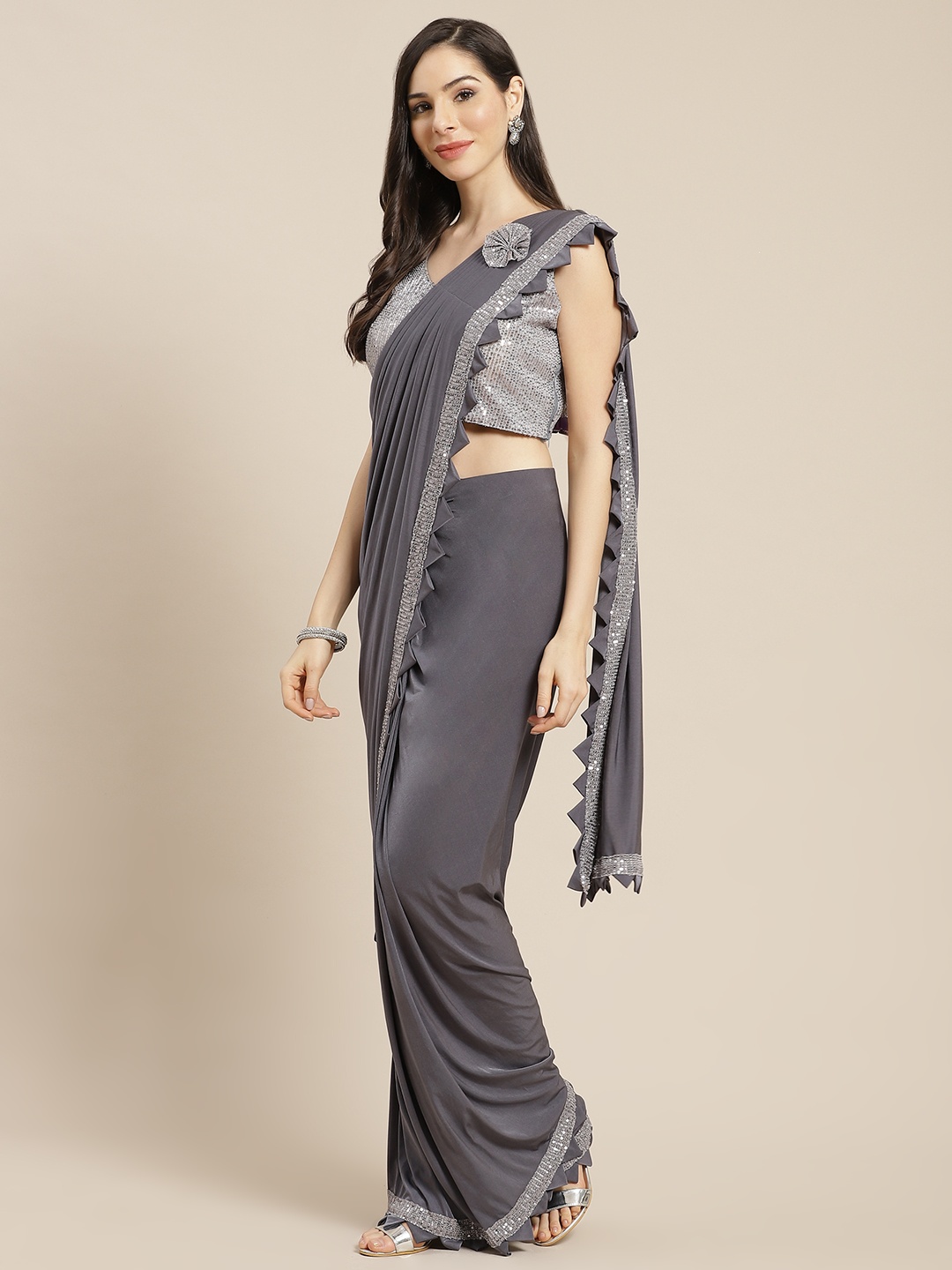 

Mitera Grey Solid Ready To Wear Saree